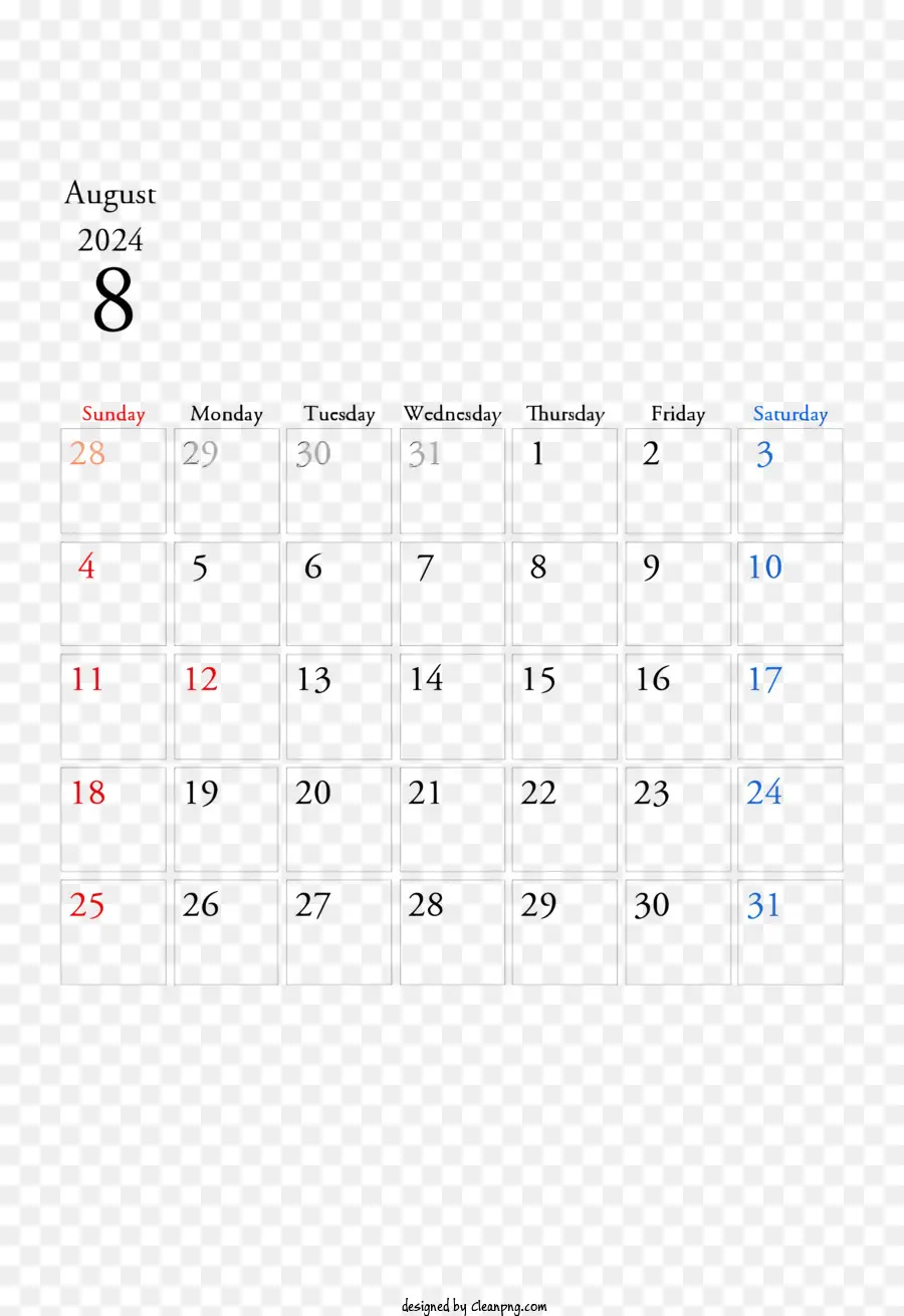 Calendário De Agosto De 2024，Calendário PNG