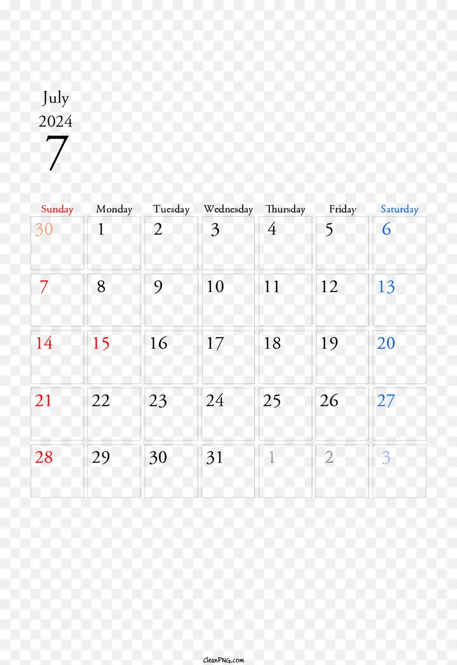 Julho De 2024 Calendário，Julho De 2024 PNG