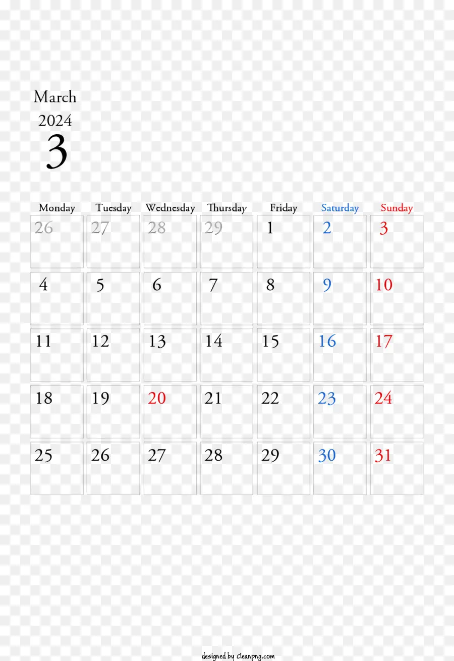 2024 Calendário De Março，Calendário PNG