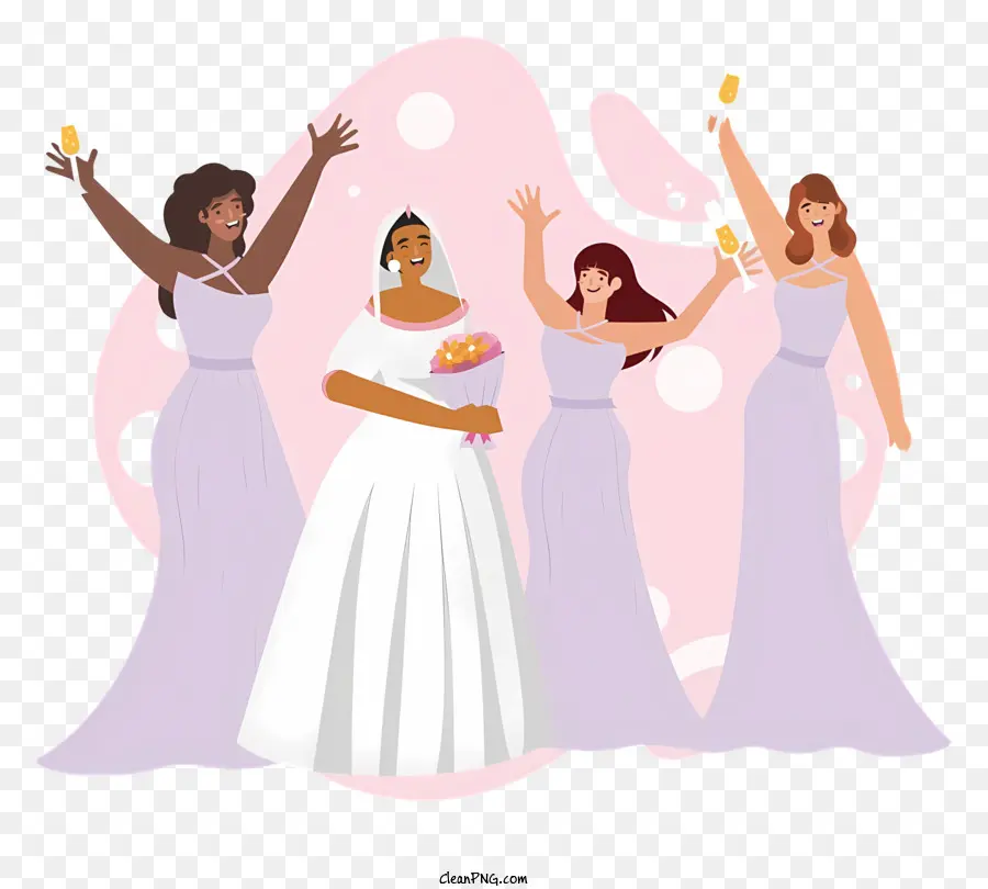 Noiva De Desenhos Animados E Damas De Honra，Mulheres Em Vestidos Brancos PNG