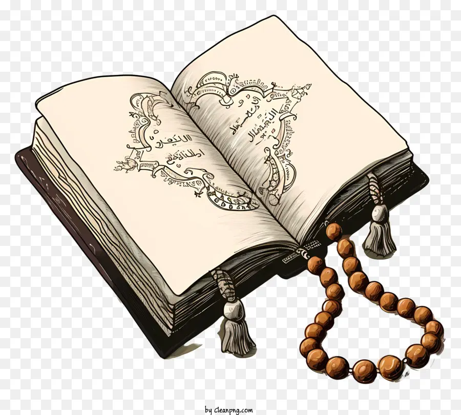 Livro Sagrado Desenhado à Mão Do Alcorão E Orar Contas，Bíblia Aberta PNG
