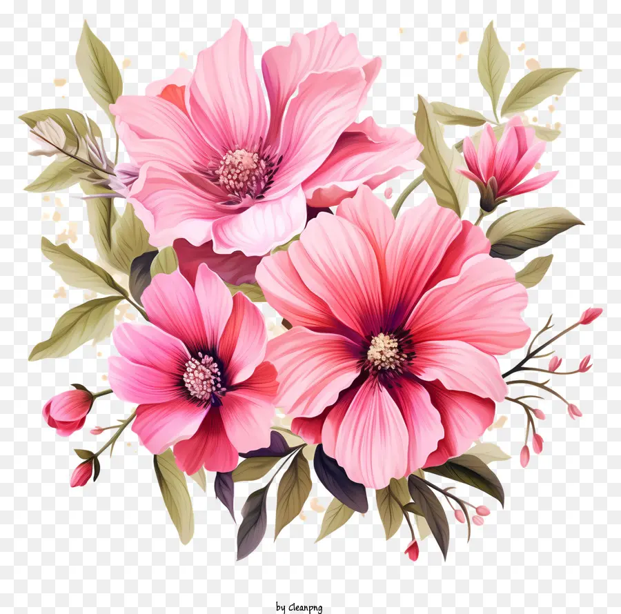 Flor Rosa Desenhada à Mão，Cor De Rosa E Flores Brancas PNG
