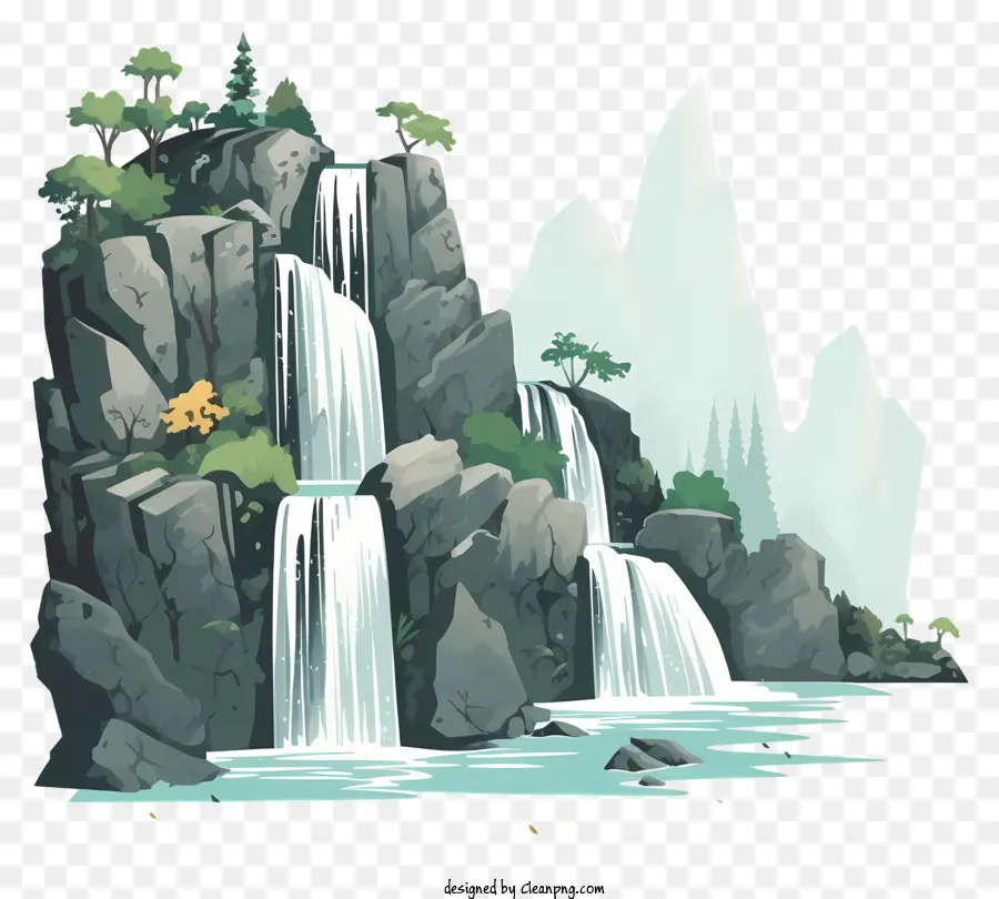 Cachoeira Desenhada à Mão，Paisagem Montanhosa PNG