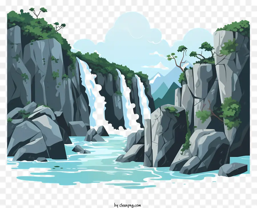 Cachoeira Desenhada à Mão，A Paisagem Rochosa PNG