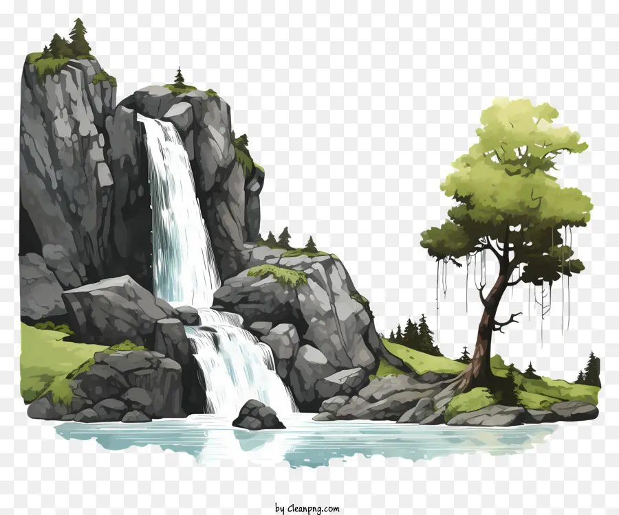 Cachoeira Ao Estilo De Esboço，Pintura Em Cascata PNG