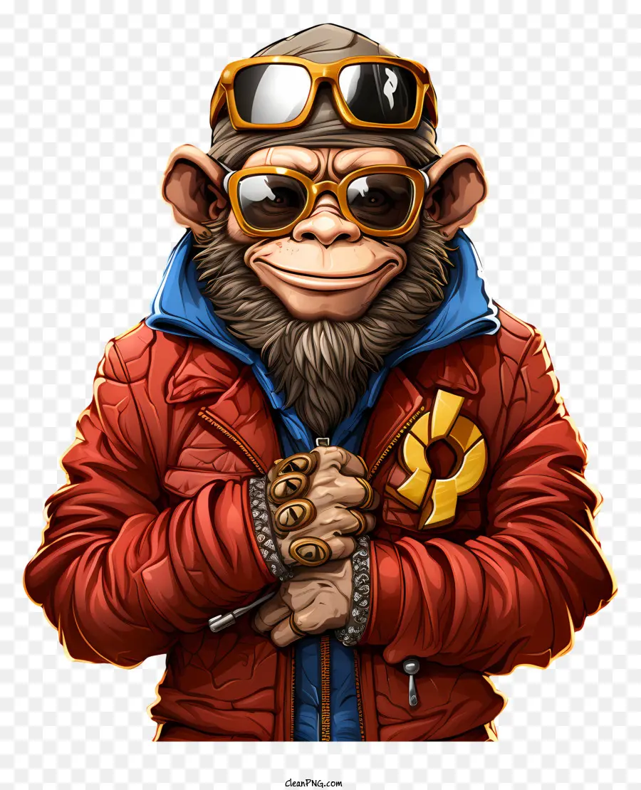 Macaco Funky Com Desenho Animado De Relógio De Ouro，Macaco Em Jaqueta Vermelha PNG