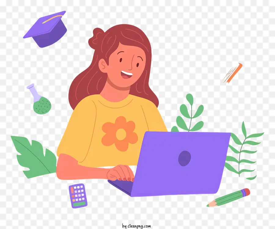 Cartoon Estudo，Mulher Trabalhando No Laptop PNG