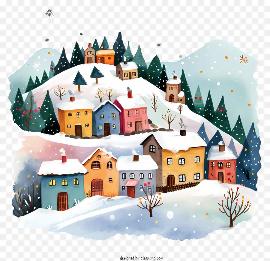 Winter Mountain Village，Ilustração Em Aquarela PNG