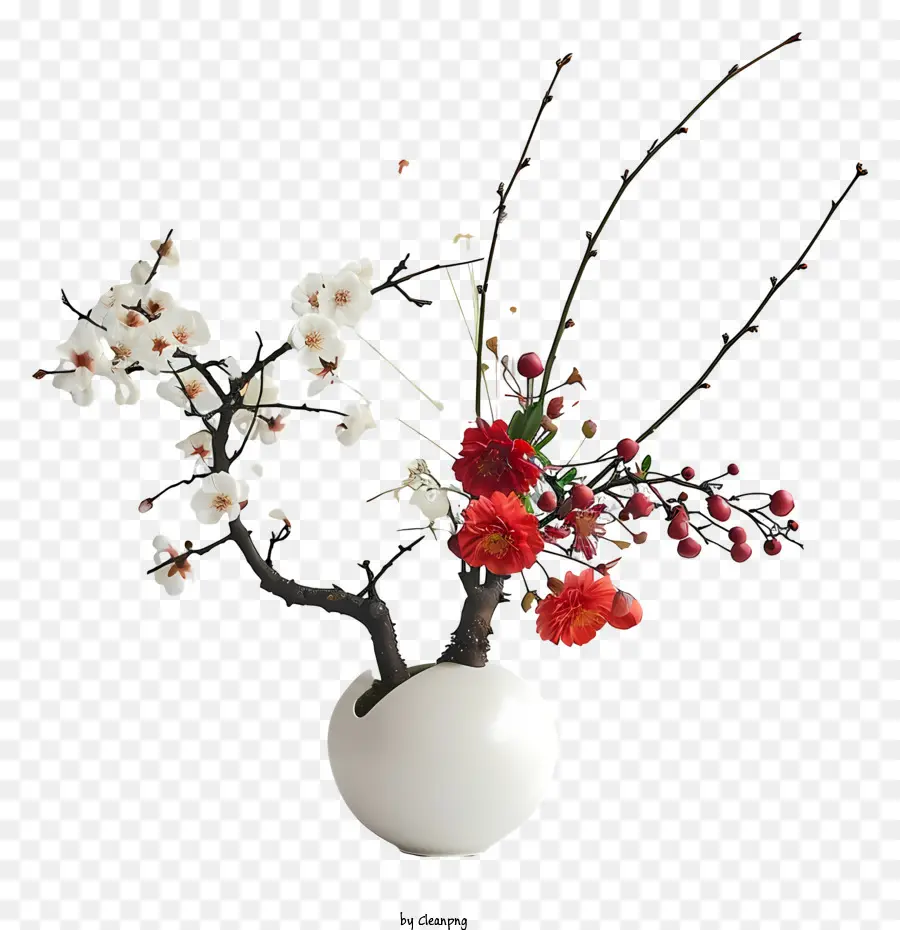 Arranjo De Flores Zen，Vaso Branco PNG
