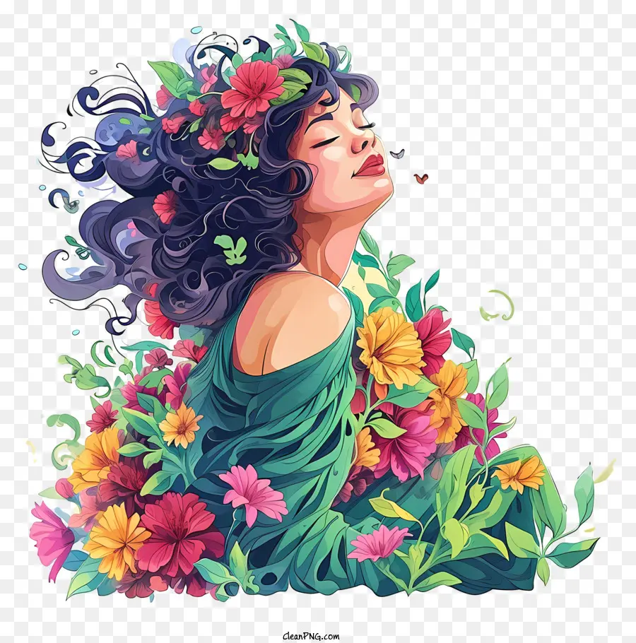 Bonito E Colorido，Mulher E Flores PNG