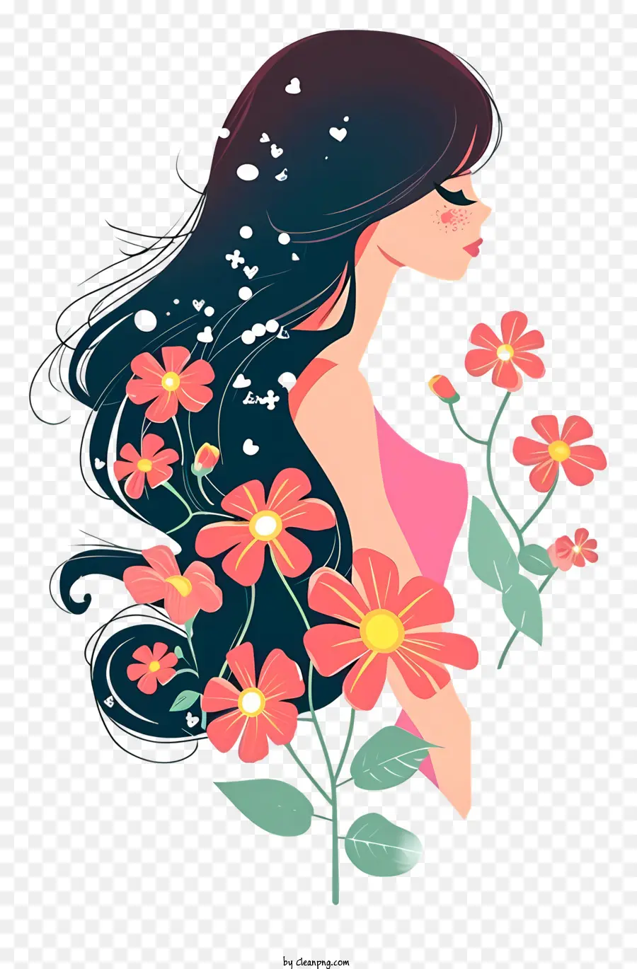 Mulher E Flores Arte Do Vetor Simplista，Beleza PNG