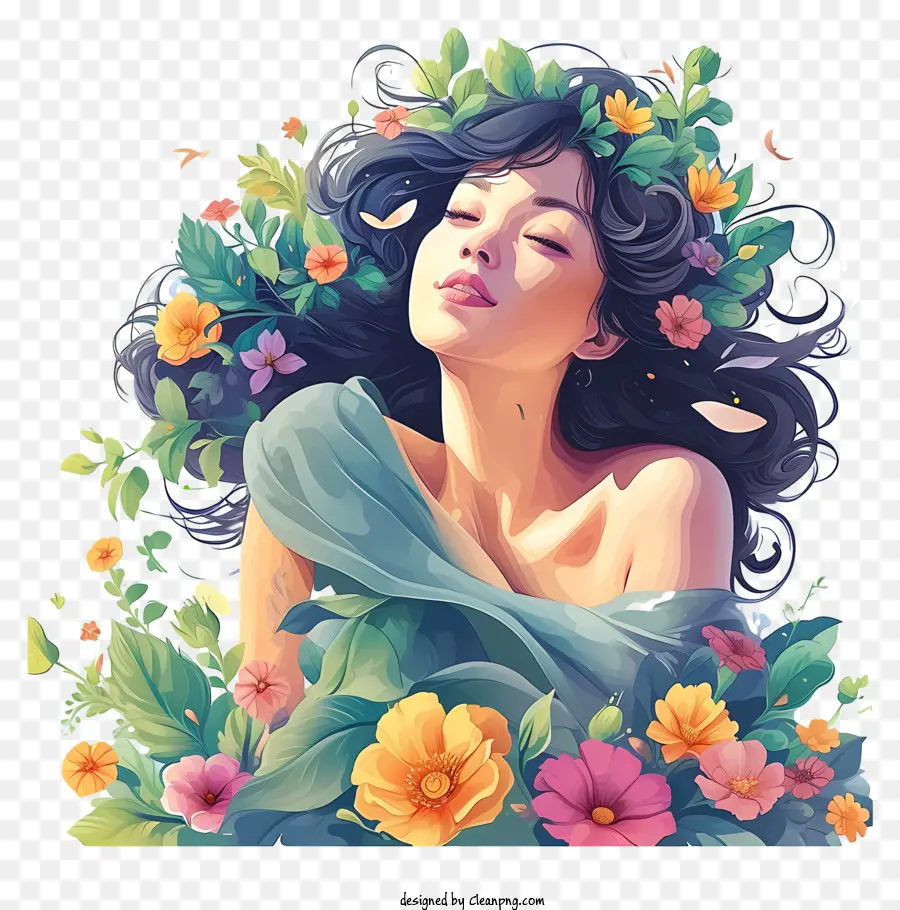 Bonito E Colorido，Mulher E Flores PNG