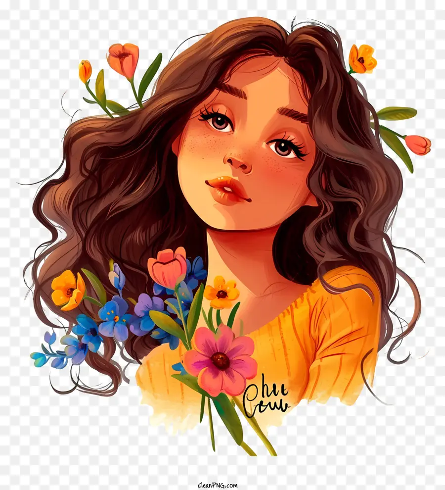 Cartoon Mulher E Flores，Menina PNG