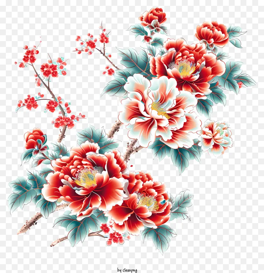 Arte De Flores Do Ano Novo Chinês，Peônia Flores PNG