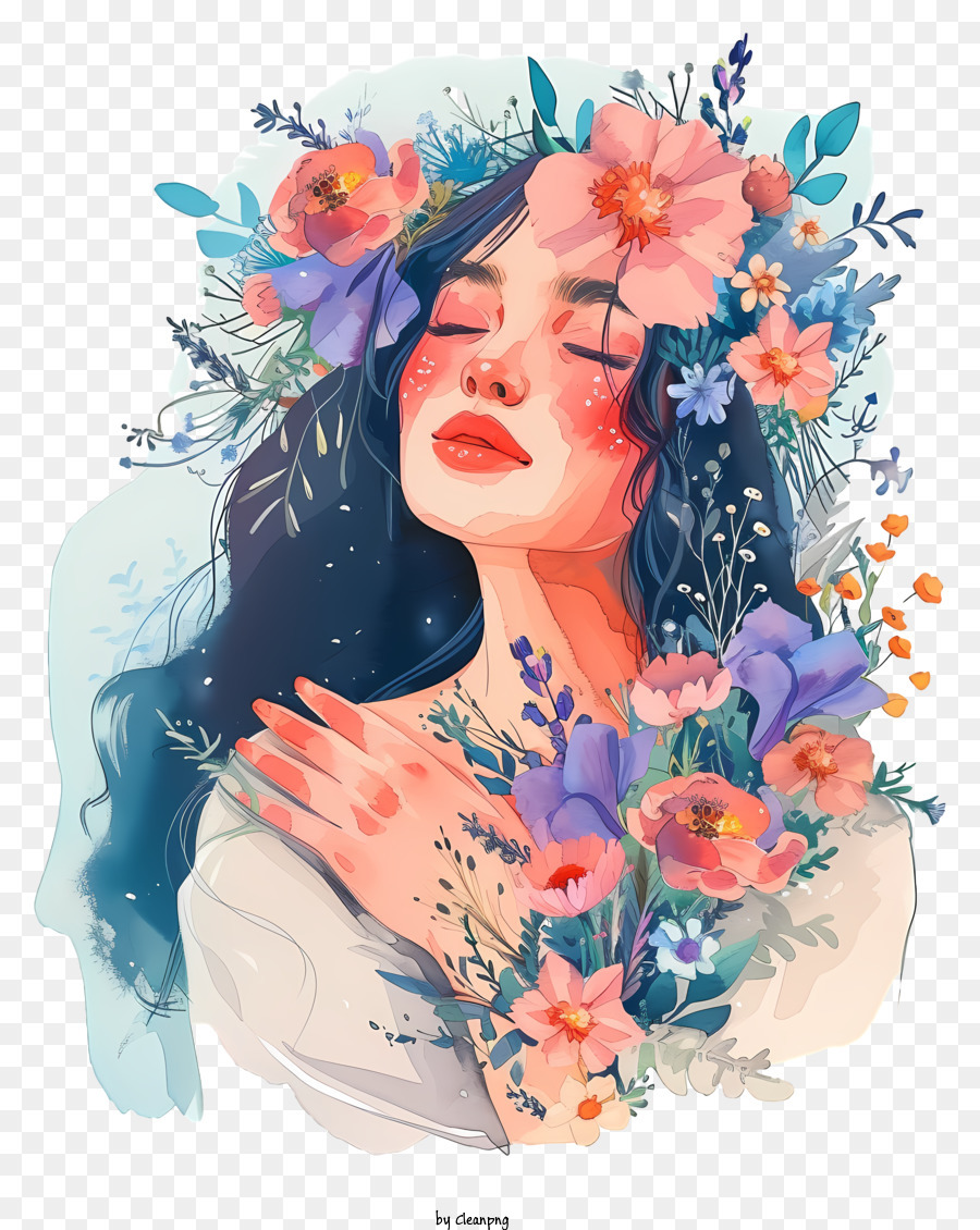 Mulher E Flores Em Aquarela Pintura Digital Mulher Com Flores Png