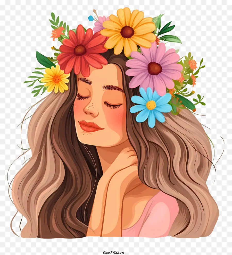 Cartoon Mulher E Flores，Young Woman PNG