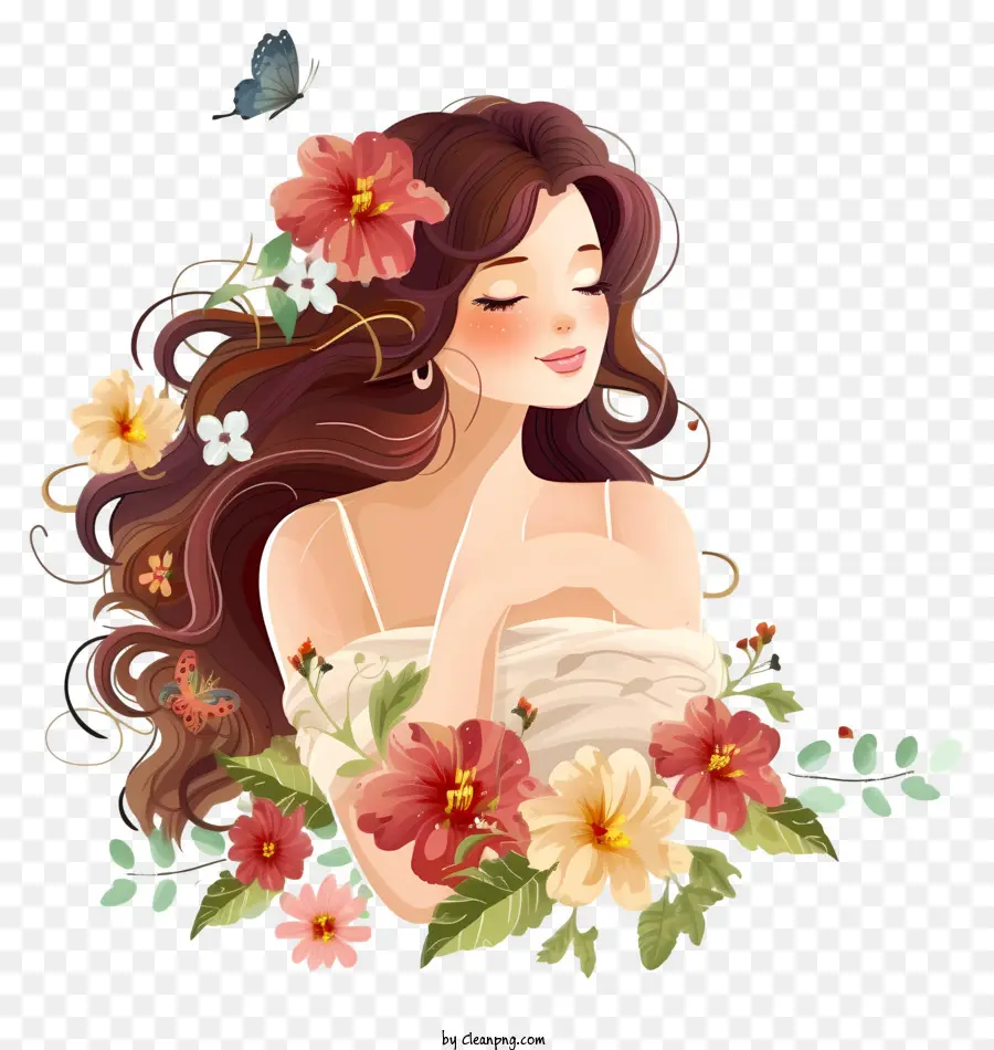 Cartoon Mulher E Flores，Young Woman PNG