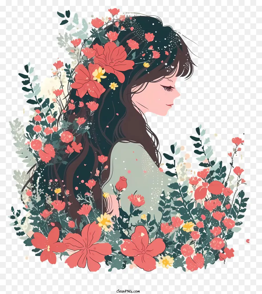 Mulher E Flores Arte Do Vetor Simplista，Menina Com Cabelos Longos PNG