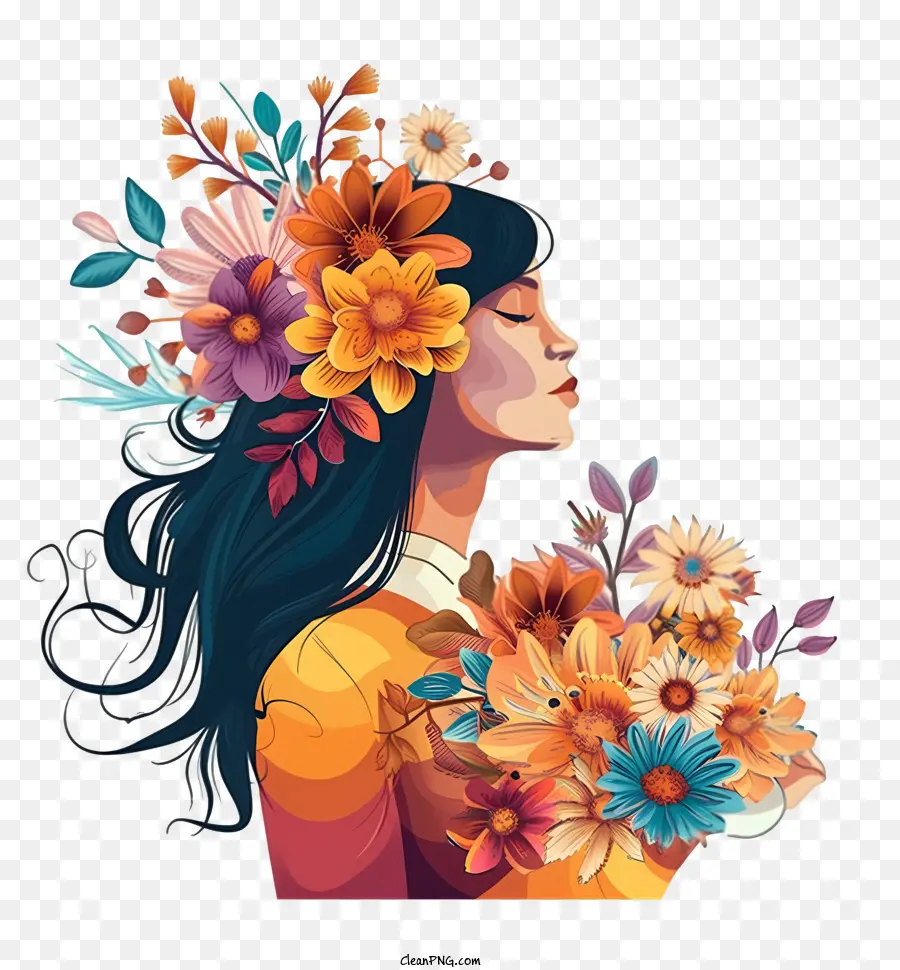 Design Gráfico Ousado E Colorido，Mulher E Flores PNG