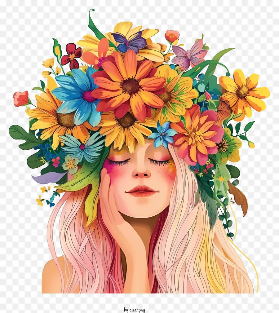 Bonito E Colorido，Mulher E Flores PNG