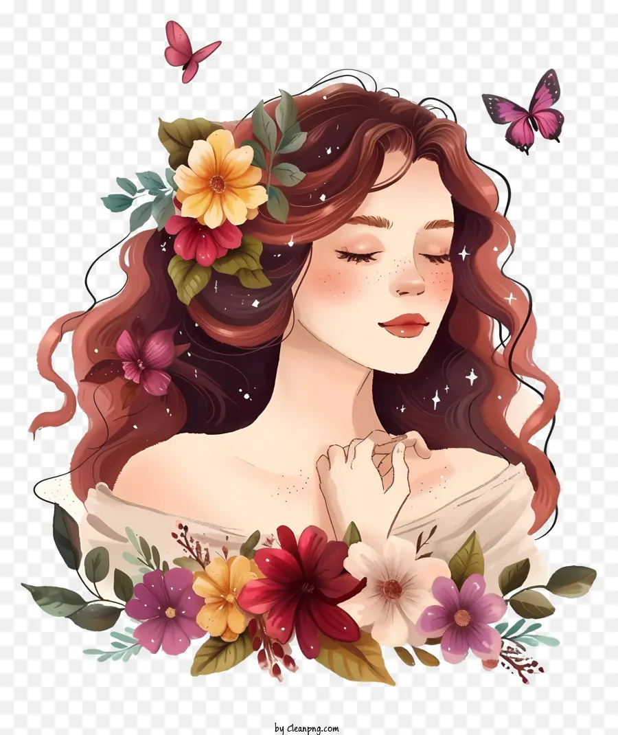 Mulher E Flores Ilustram，Mulher Com Cabelos Ruivos Compridos PNG