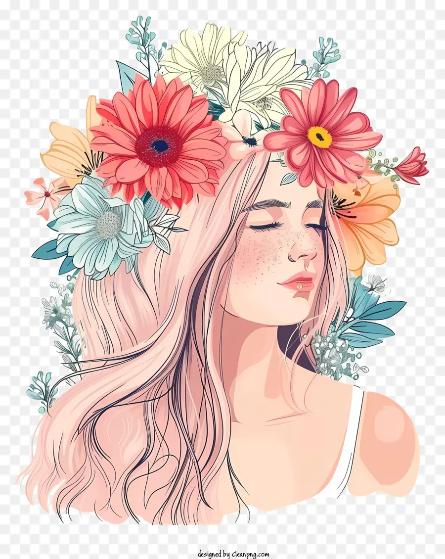 Mulher E Flores Desenhadas à Mão，Flower Crown PNG