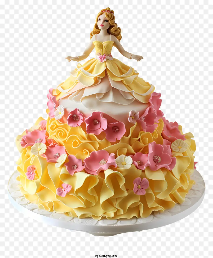 Princesa Bolo De Aniversário，Bolo De Babados Amarelo E Rosa PNG