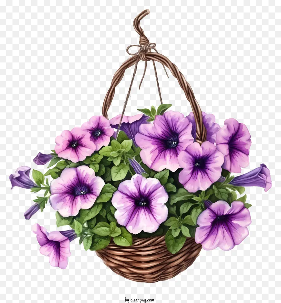 Aquarela Elegante Petúnia Flower Hanging Basket，Cesta De Vime PNG