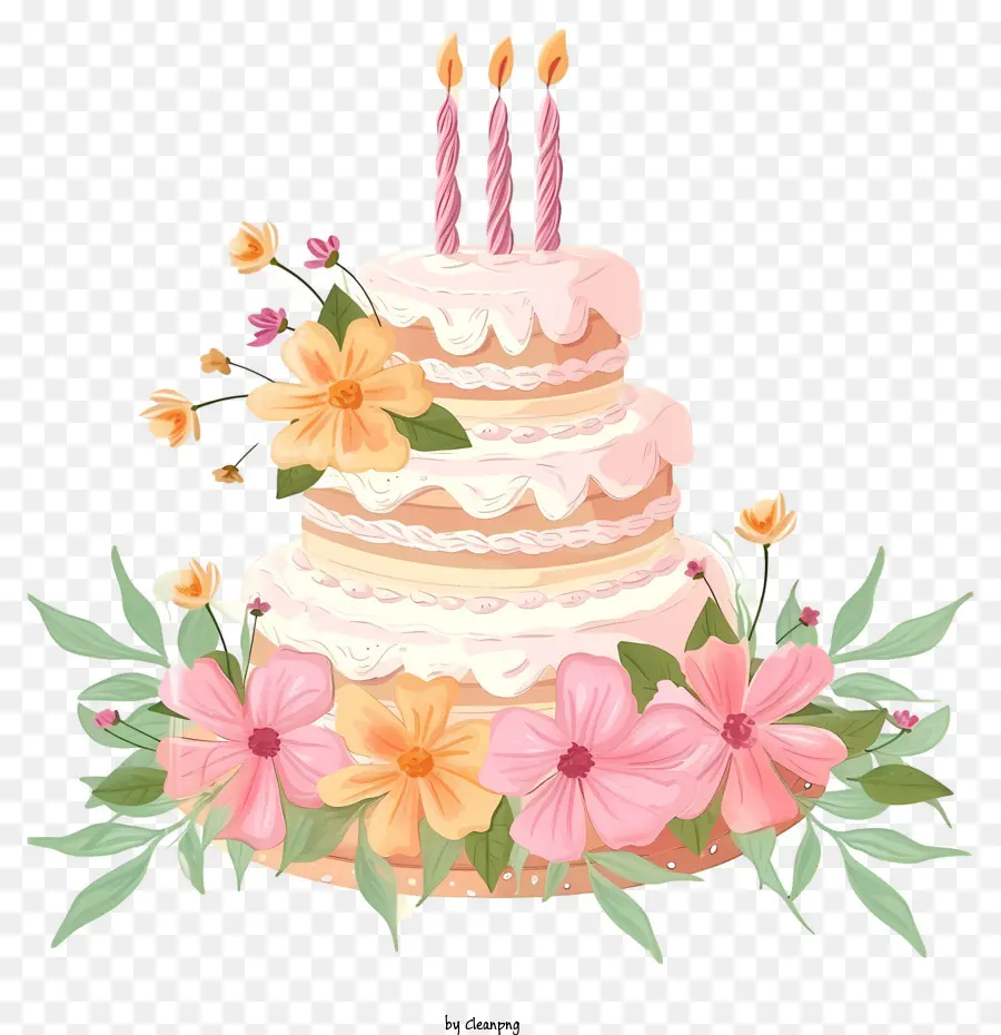 Bolo De Aniversário De Desenho Animado E Flores，Bolo De Aniversário PNG