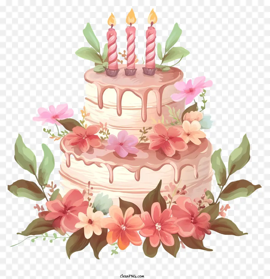 Bolo De Aniversário De Desenho Animado E Flores，Bolo De Aniversário PNG