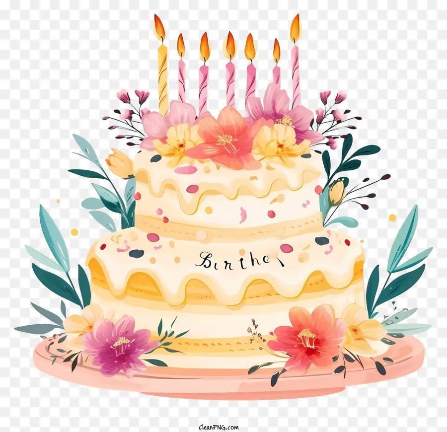 Bolo De Aniversário De Desenho Animado E Flores，Bolo De Aniversário PNG