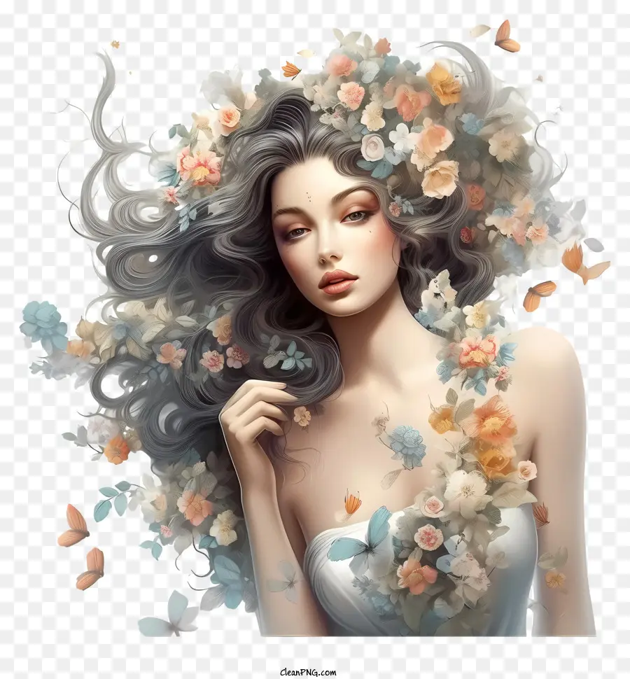 Mulher De Fantasia Com Flores，Mulher Com Cabelos Grisalhos Longos PNG