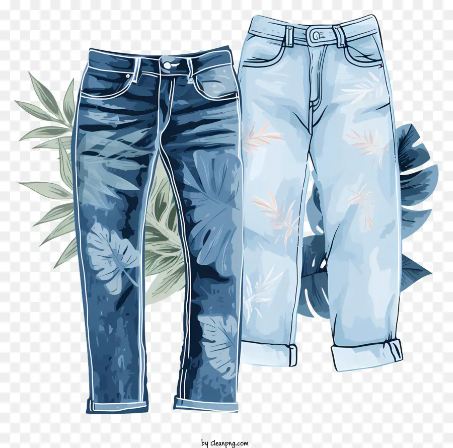 Calças De Brim，Jeans Com Padrão Floral PNG