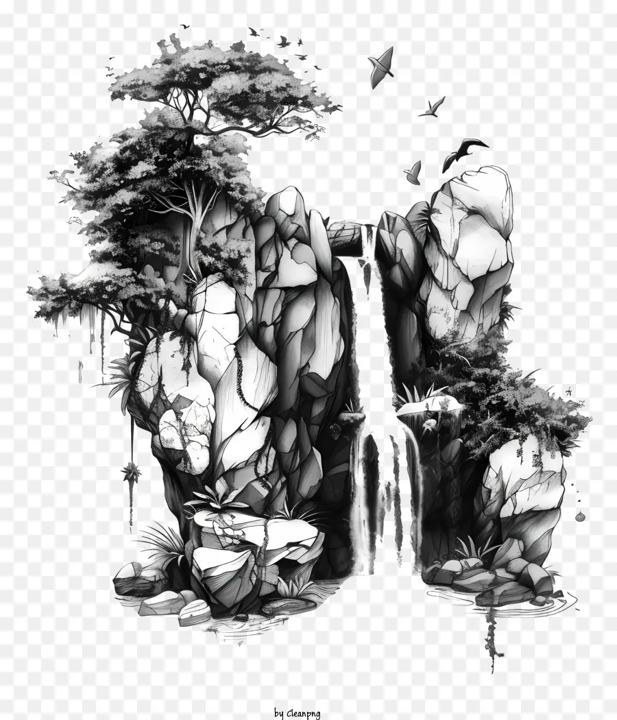 Cachoeira，Desenho De Tinta Em Preto E Branco PNG