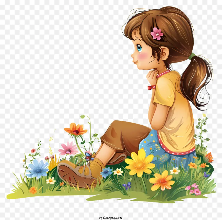 Primavera，Menina Sentada Em Flores PNG