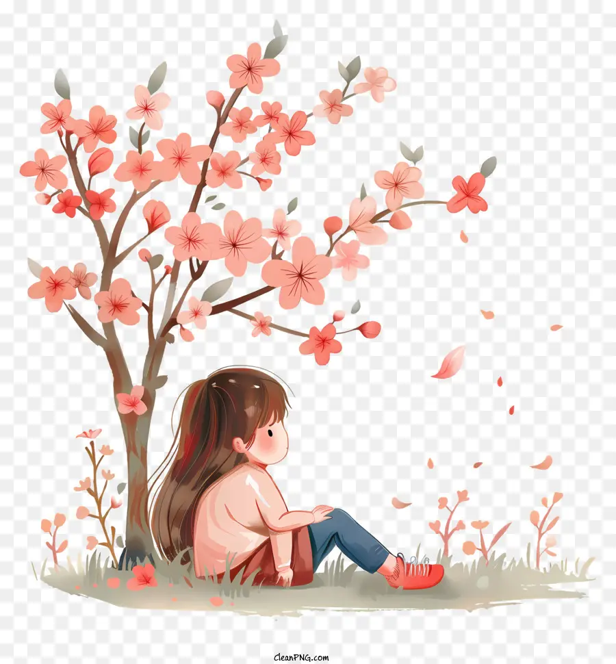 Primavera，Menina Com Flores De Cerejeira PNG