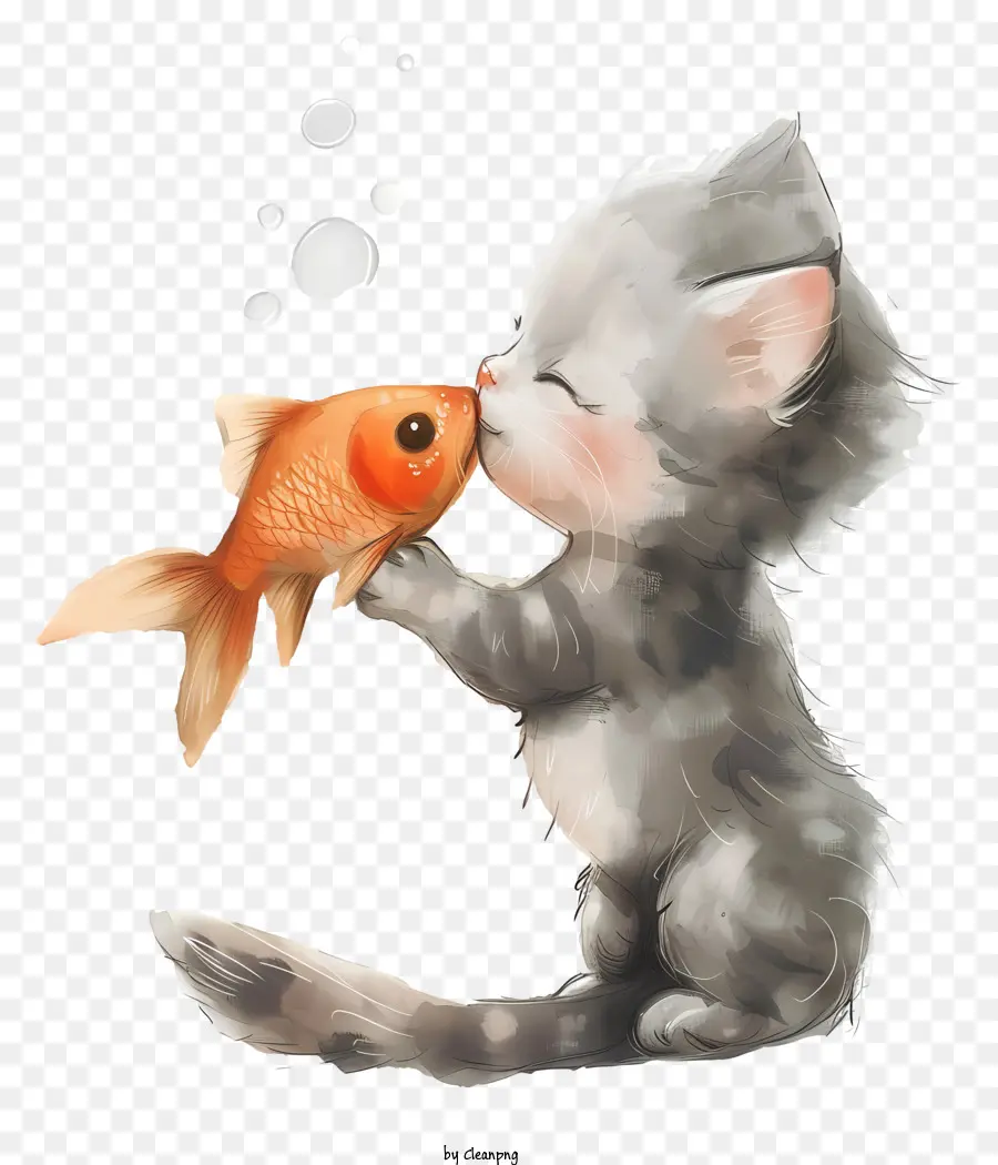Gato Beijando Peixe，Gatinho Bonito PNG
