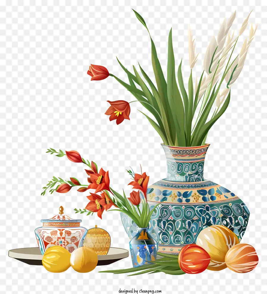 Feliz Nowruz，Vasos Decorativos Com Flores E Frutas PNG