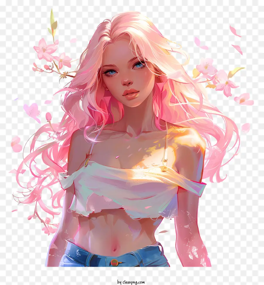 Primavera，Menina Com Cabelo Rosa PNG