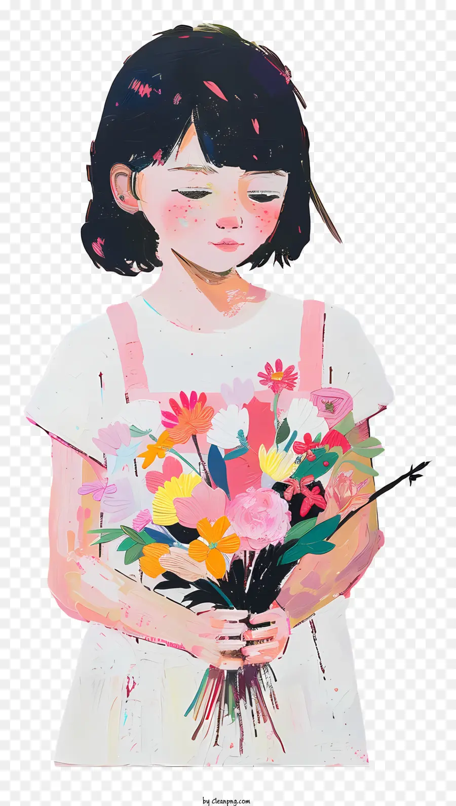 Menina Segurando Flores，Pintura PNG