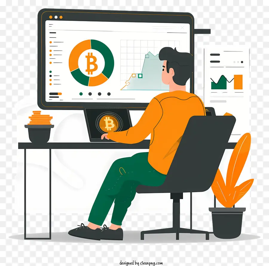 Homem Usando Bitcoin，Criptomoeda PNG