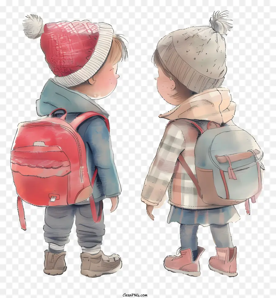 Alunos Com Mochila，Ilustração Em Aquarela PNG