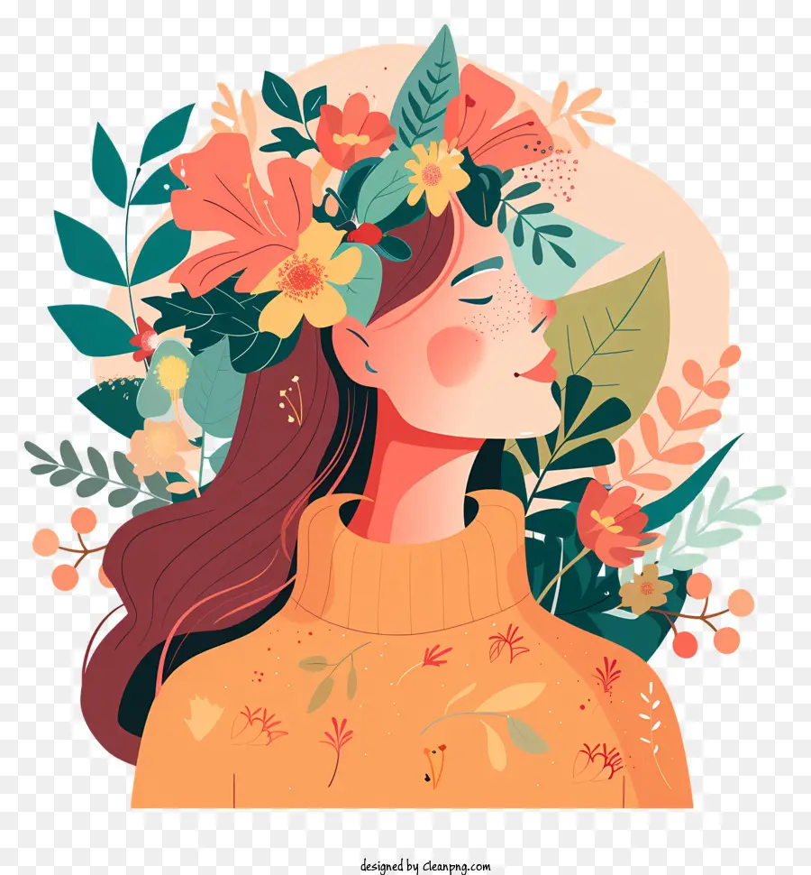 Mulher Primavera，Mulher Com Coroa Floral PNG