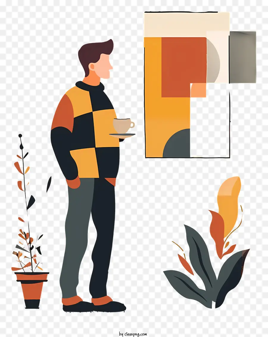 Homem De Pé Com Café，Plantas De Interior PNG