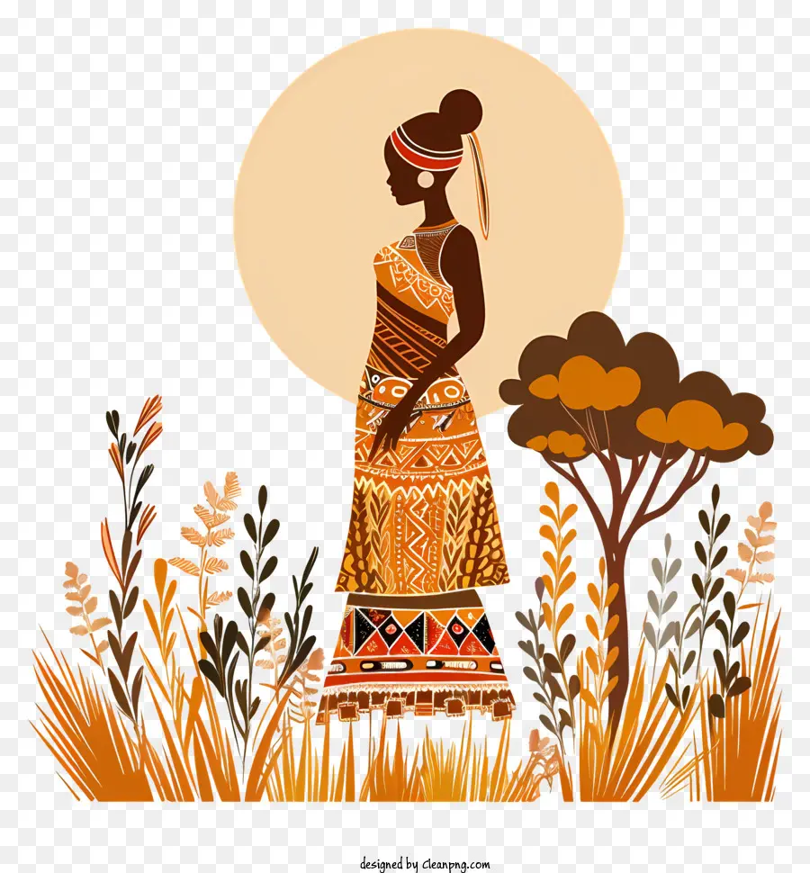 Mulher Africana，Vestido Ornamentado PNG