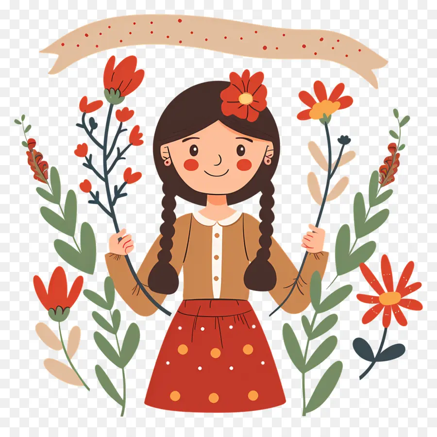 Feliz Primeiro De Maio，Menina Com Flores PNG