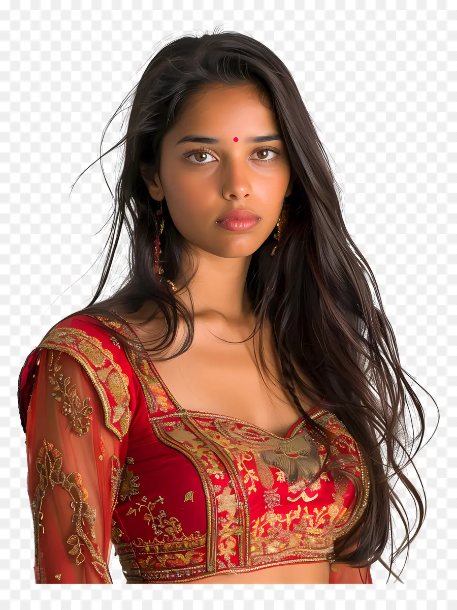 Menina De Vestido Indiano，Sari Vermelho PNG