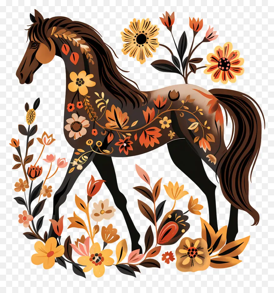 Cavalo Castanho，Design De Cavalos Florais PNG
