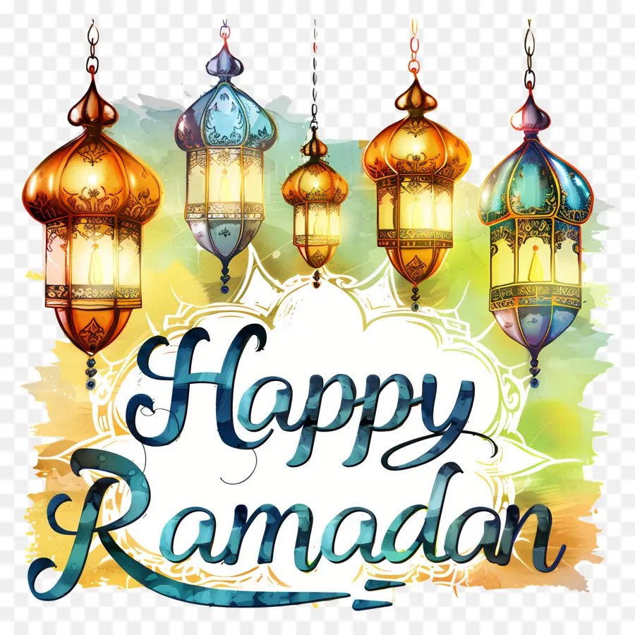 Feliz Ramadã，Lanternas Coloridas PNG