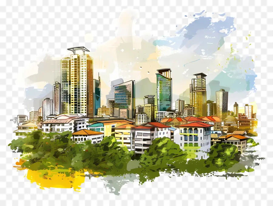 Skyline Da Cidade De Cebu，Pintura Em Aquarela PNG